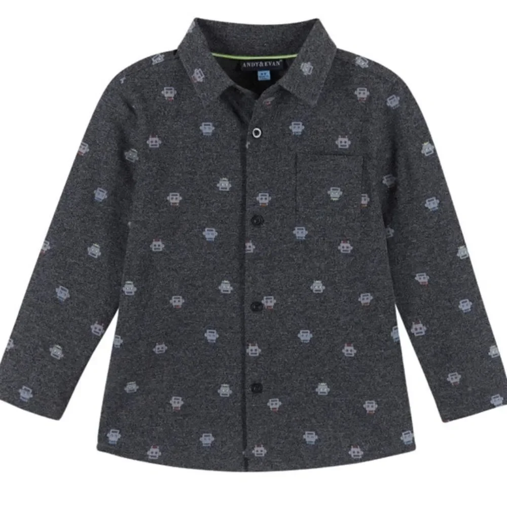 Andy and Evan Boys Robot Pique Knit Buttondown gray NWT size 5